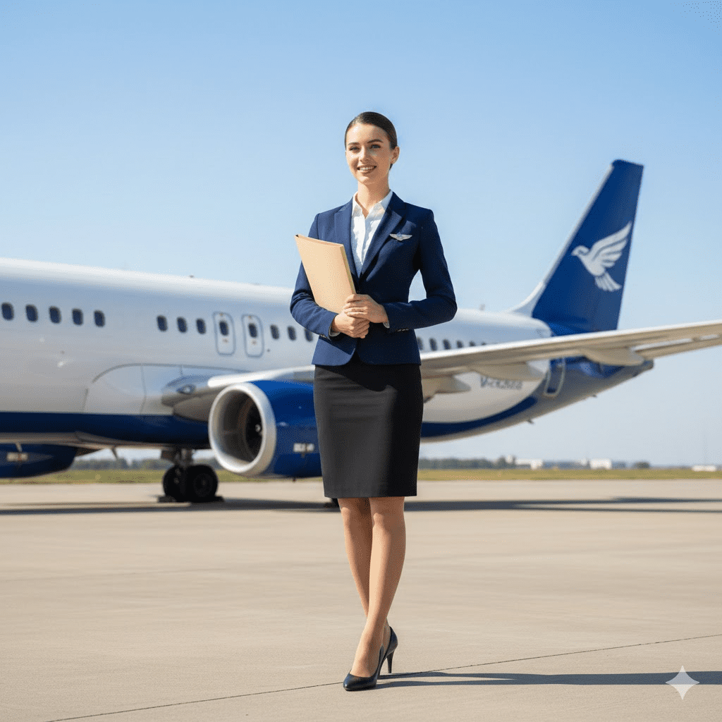 seorang calon pramugari membawa map berdiri di depan pesawat