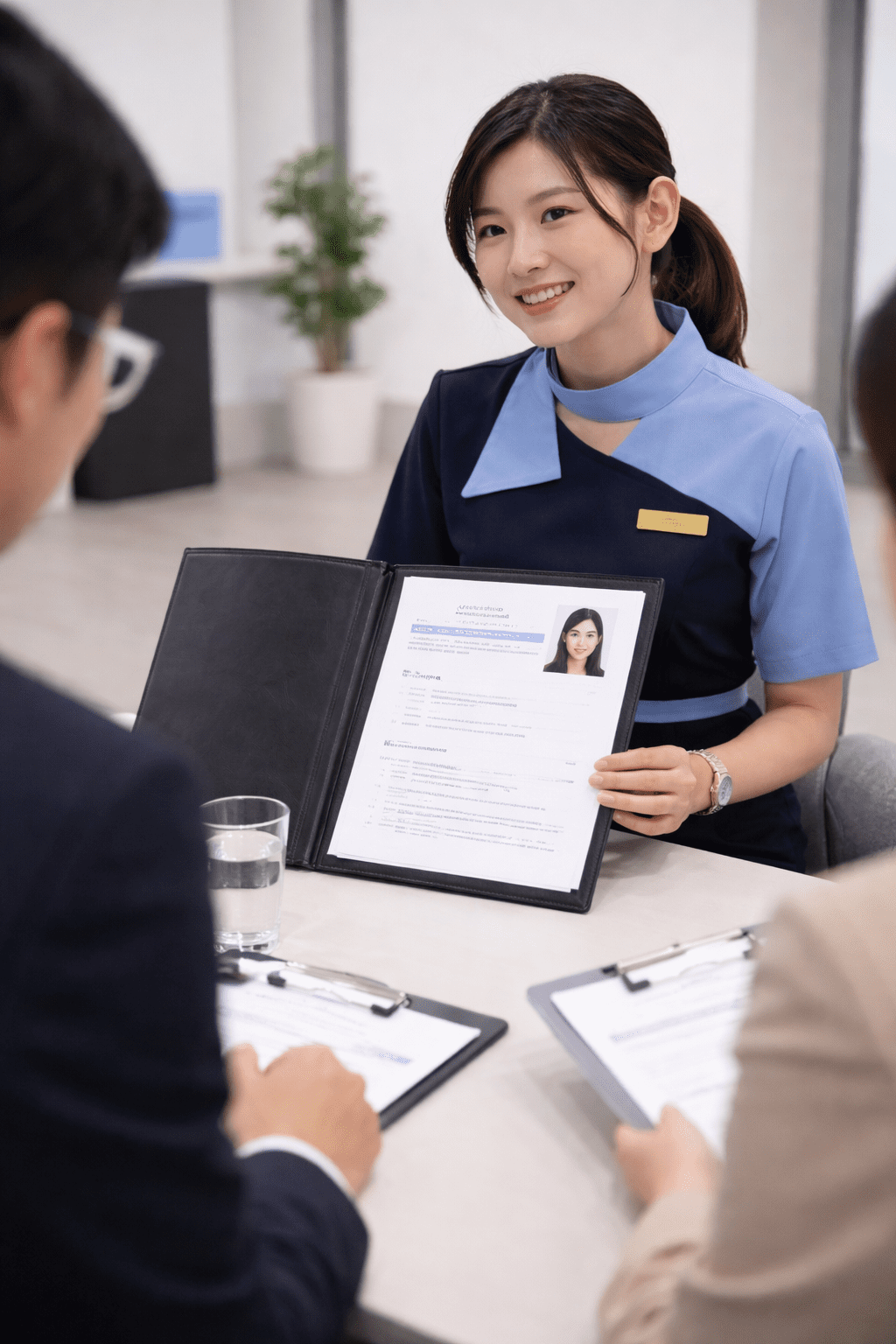 pramugari sedang menunjukkan "Kurikulum Pelatihan Pramugari Kereta Api"