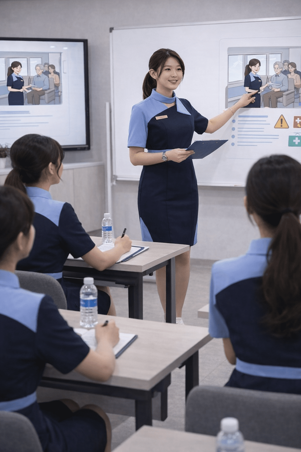 pramugari sedang menjelasakan Jadwal Kegiatan Siswa Sekolah Pramugari Kereta Api