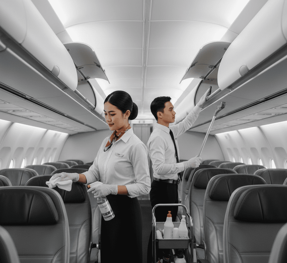 Pramugari dan awak kabin membersihkan kursi serta kompartemen bagasi kabin pesawat sebagai bagian dari prosedur inflight sanitation.