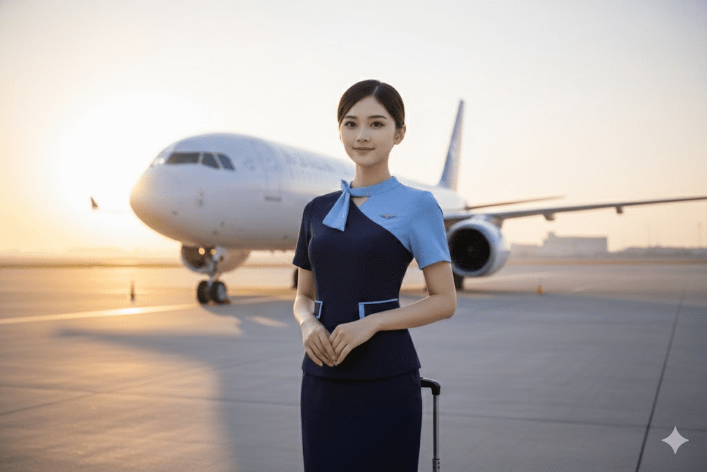 Pramugari profesional berdiri percaya diri di depan pesawat