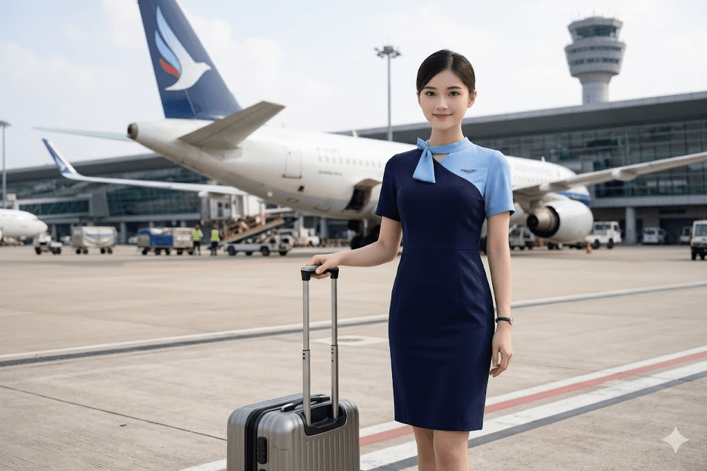 Pramugari berdiri di bandara dengan latar belakang pesawat, tersenyum percaya diri sambil memegang koper kabin.