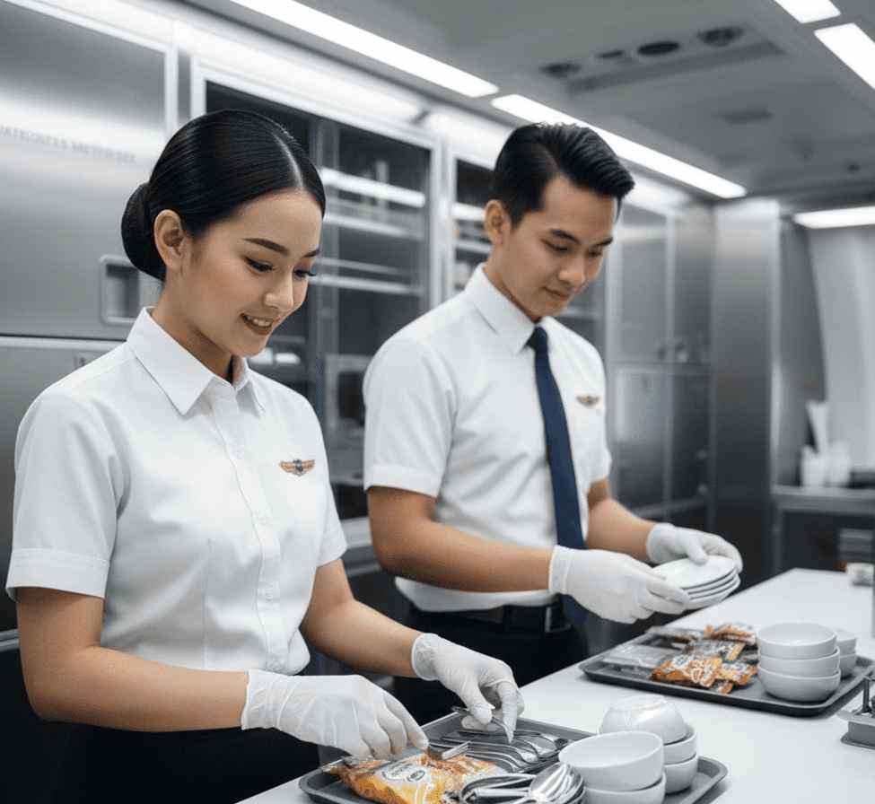 Pramugari dan awak kabin menyiapkan peralatan servis makanan pesawat secara higienis di galley pesawat