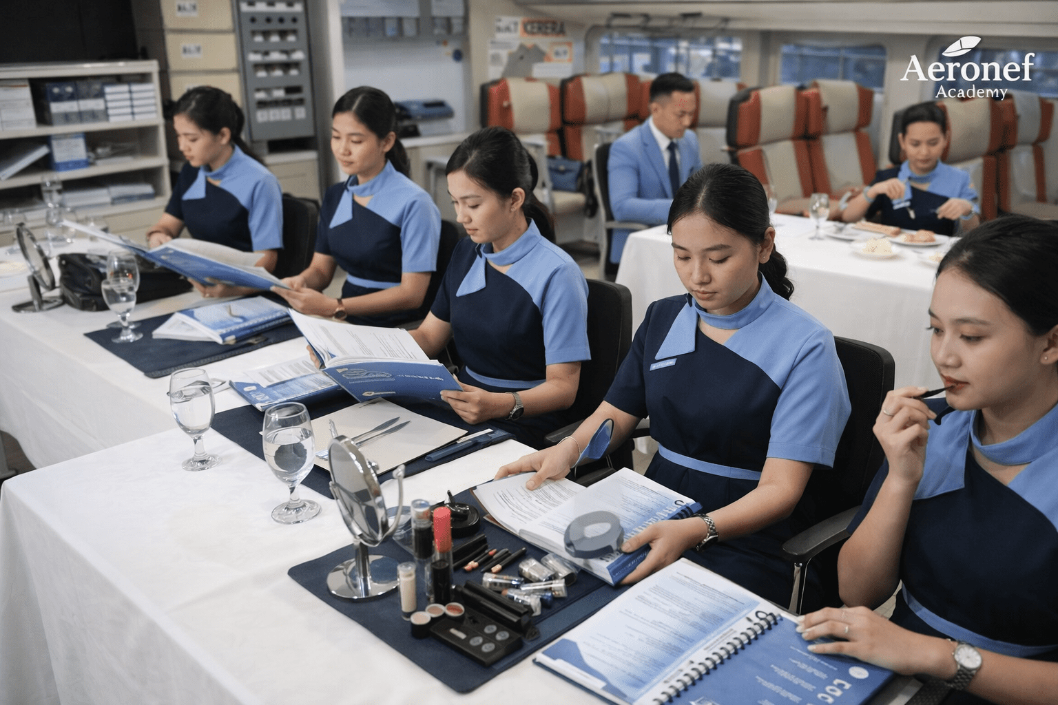 pramugari sedang menjelaskan "Perbandingan Biaya Sekolah Pramugari Kereta Api di Indonesia"