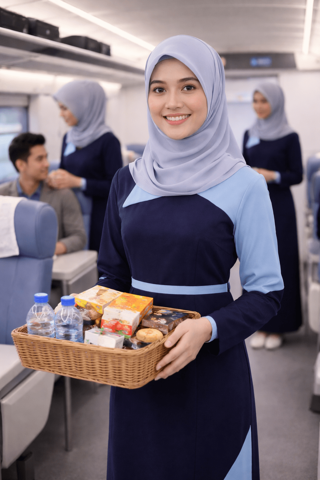 pramugari sedang meunjukkan Sekolah Pramugari Kereta Api untuk Wanita Berhijab