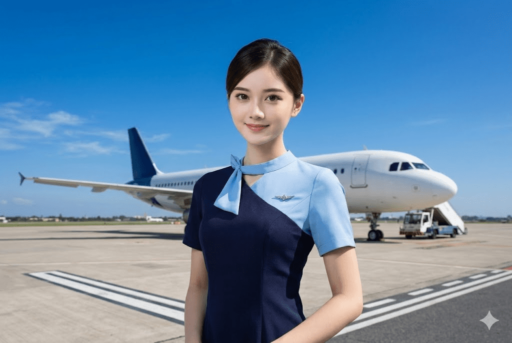 Seorang calon pramugari berdiri percaya diri di depan pesawat dengan latar langit biru cerah, mengenakan seragam training rapi dengan makeup natural.