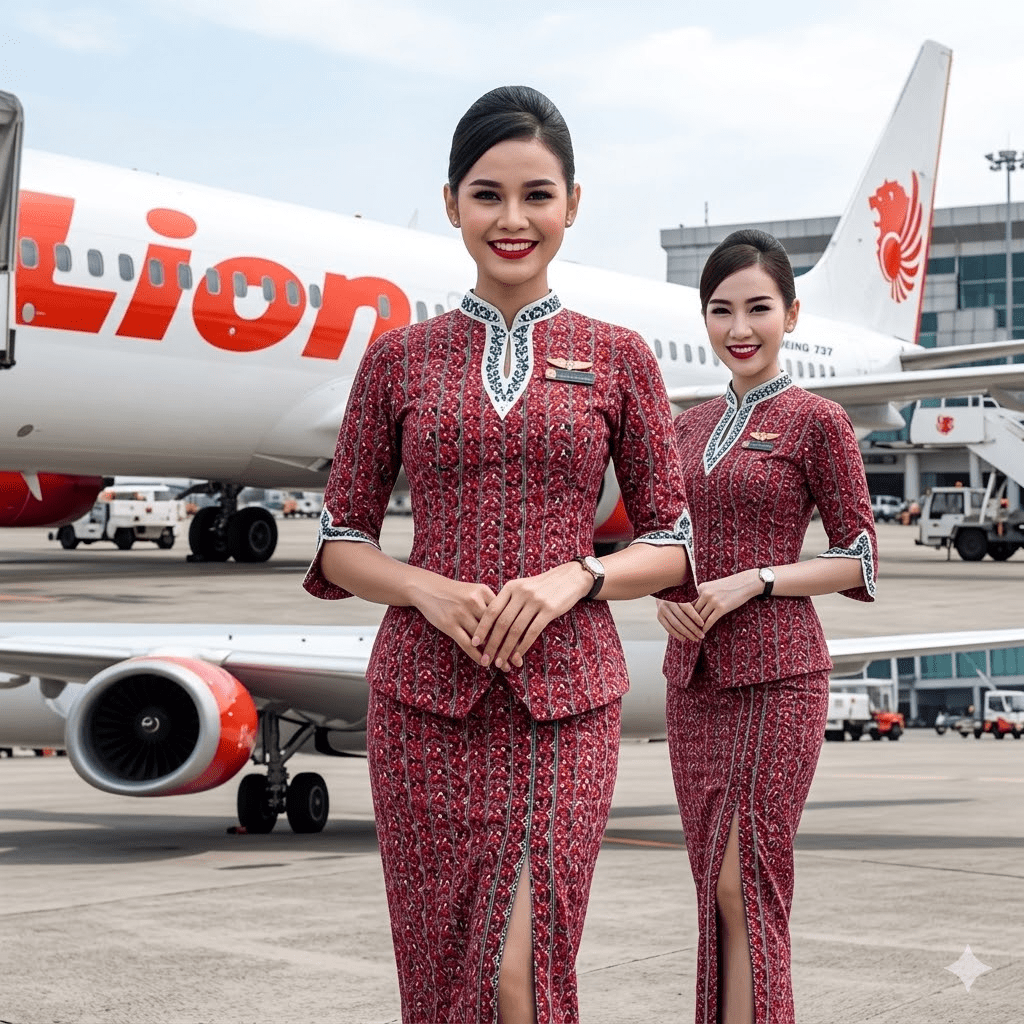 Pramugari berdiri percaya diri di depan pesawat Lion Air