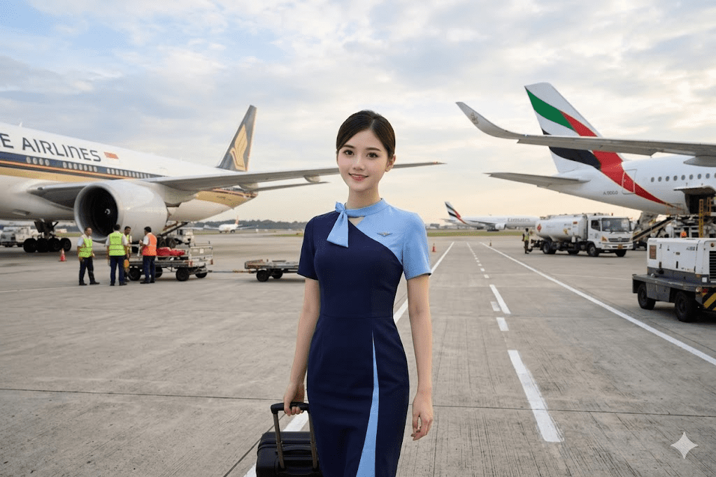 Seorang pramugari berdiri di area bandara (apron/runway)