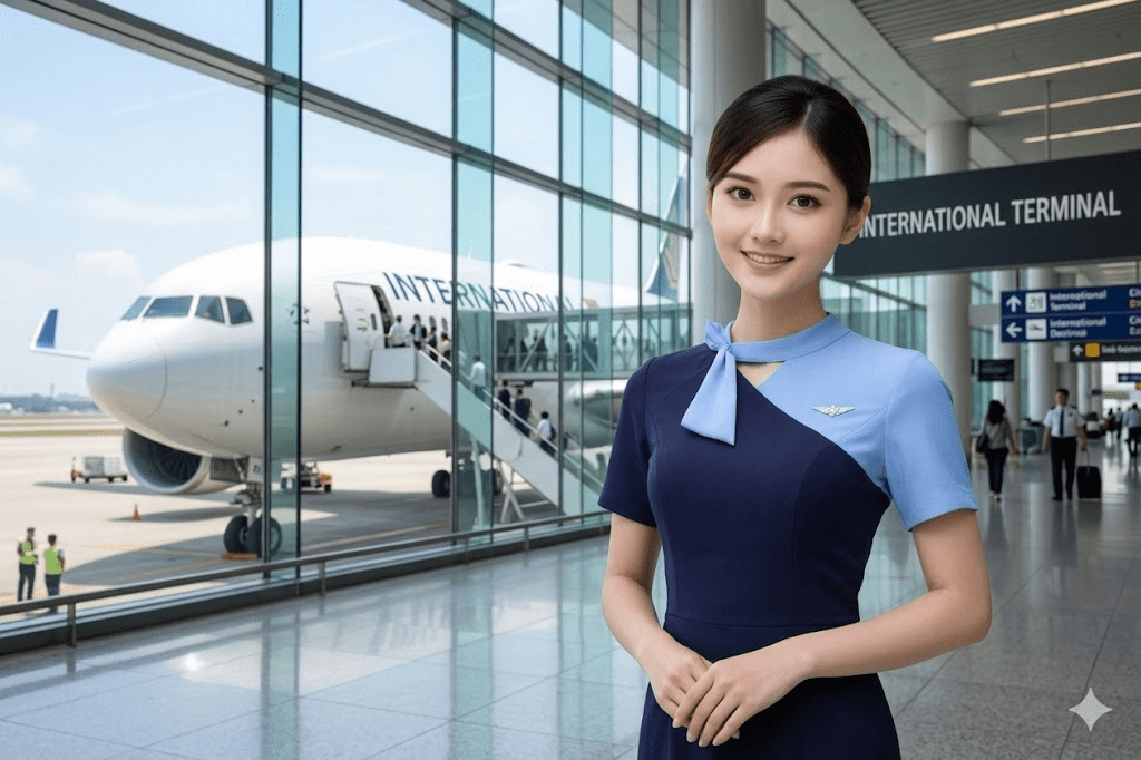 Pramugari berdiri di bandara internasional