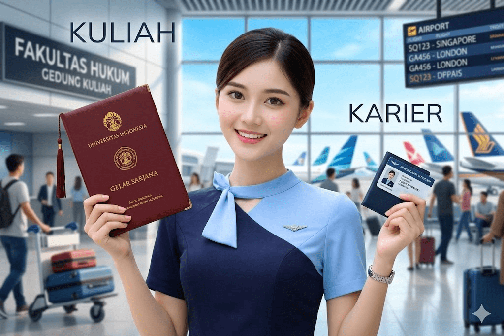 Pramugari berdiri percaya diri di bandara dengan koper dan pesawat di latar belakang