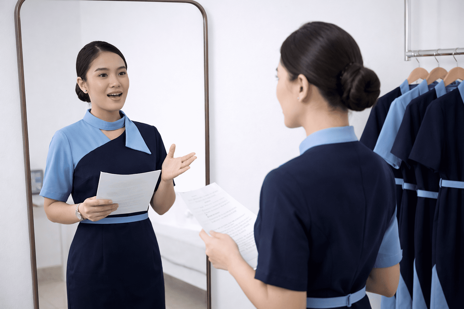 pramugari sedang menunjukkan Bagaimana Cara Melatih Public Speaking untuk Pramugari?