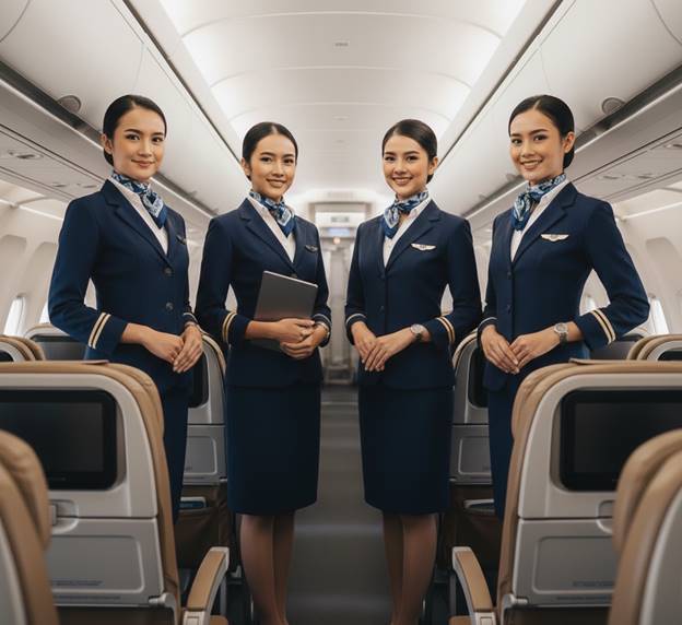 Empat pramugari berdiri profesional di kabin pesawat dengan seragam rapi sebagai simbol etika dan standar kru kabin.