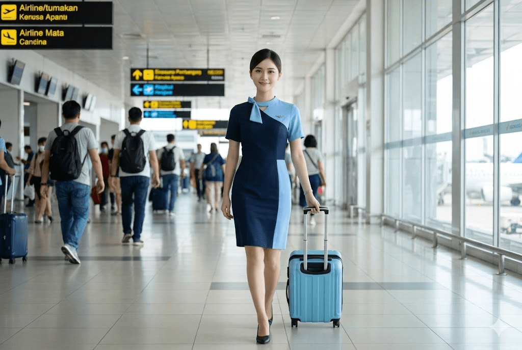 Calon pramugari berjalan di lorong bandara