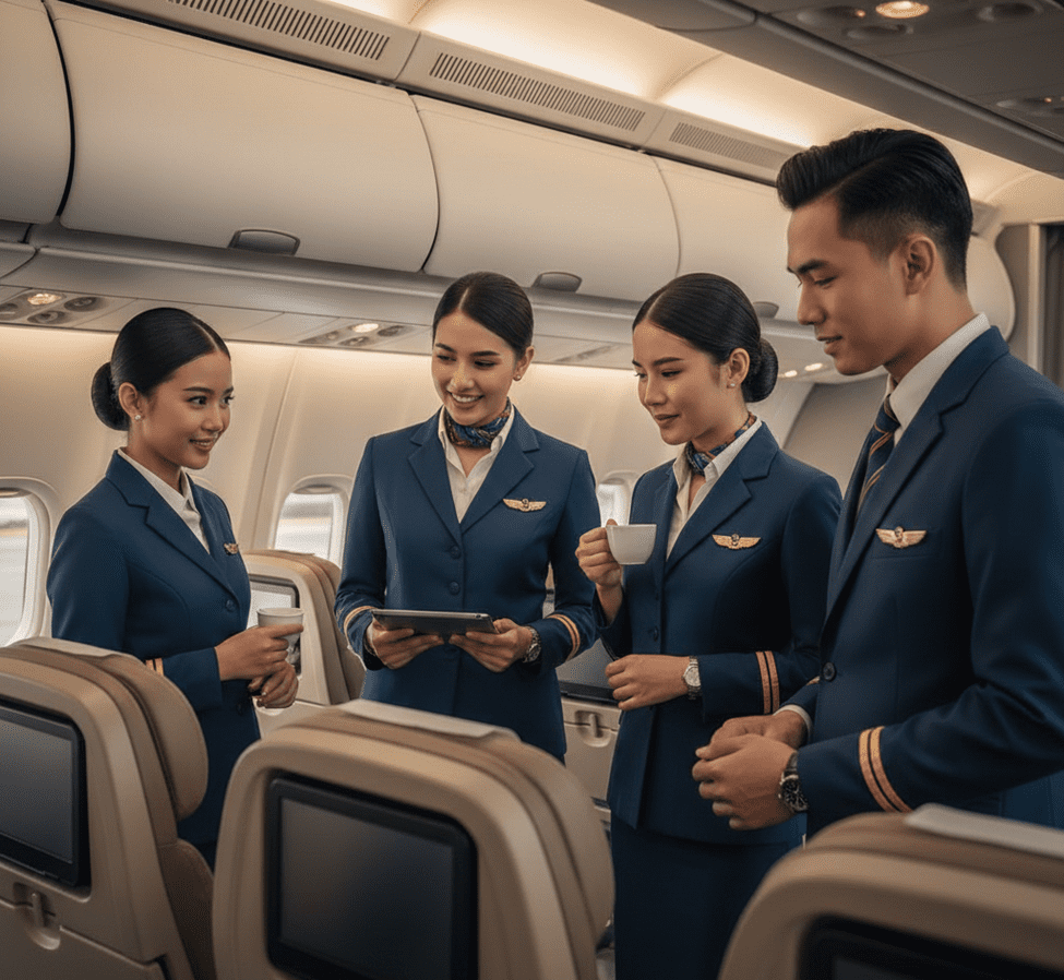 Kru kabin berdiskusi di dalam pesawat sebelum penerbangan untuk membangun kerja sama dan koordinasi tim.