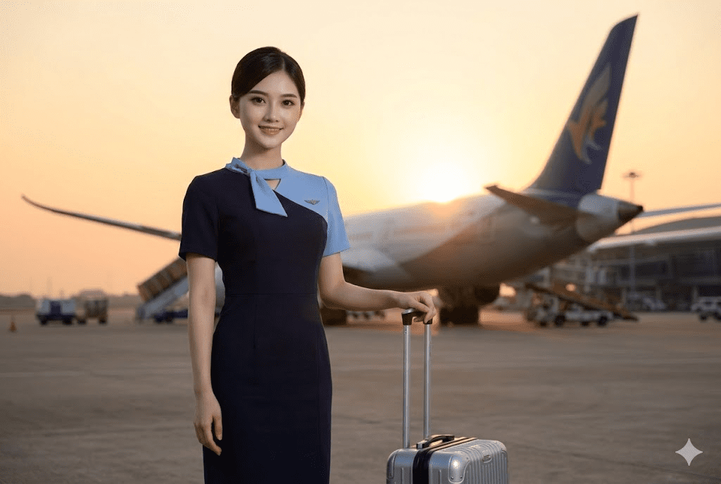 seorang calon pramugari berdiri di depan pesawat