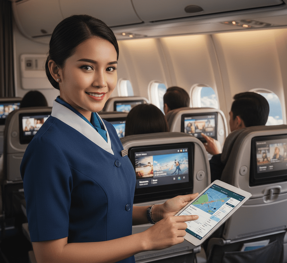 Pramugari menggunakan tablet digital di kabin pesawat modern dengan sistem hiburan in-flight.