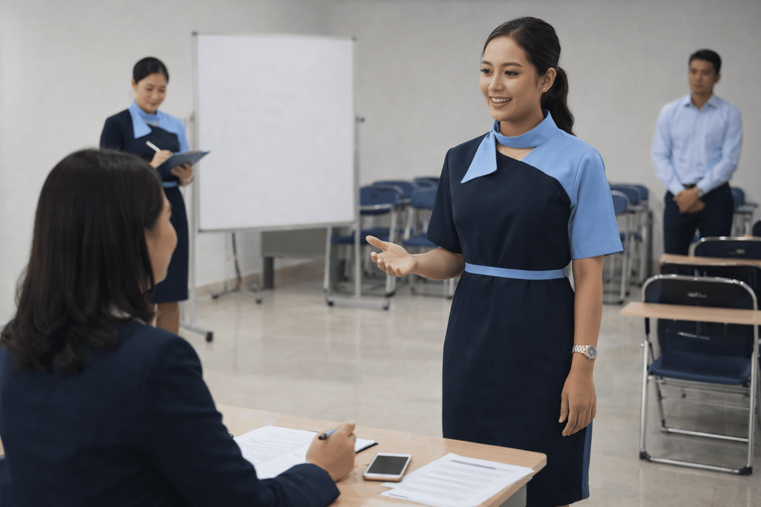 pramugari sedang menjelaskan "Apakah Harus Bisa Bahasa Inggris untuk Menjadi Pramugari Kereta Api?"