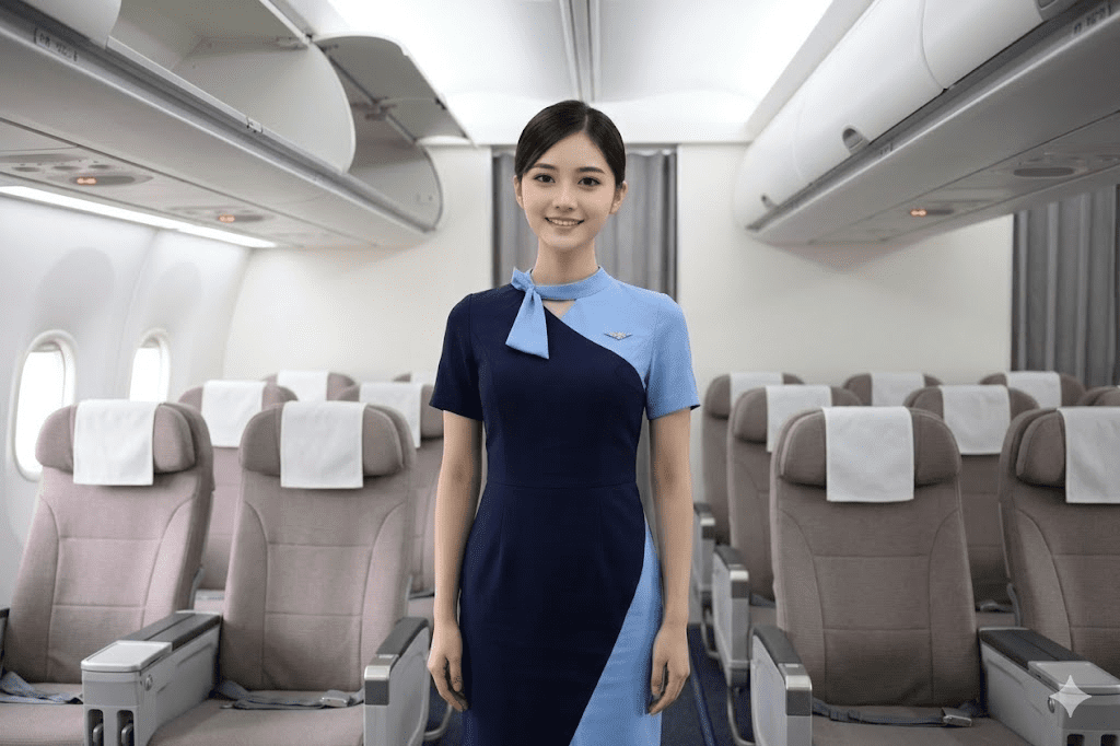 seorang calon pramugari berdiri tegak dan percaya diri di dalam mock-up kabin pesawat