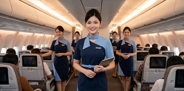 Foto realistis seorang pramugari muda Indonesia tersenyum profesional di kabin pesawat modern, mengenakan seragam biru navy dan biru muda yang elegan, dikelilingi oleh kru kabin lainnya dengan latar belakang kursi penumpang dan pencahayaan hangat.