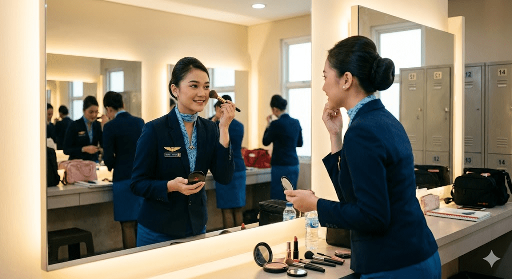 Seorang siswi pramugari sedang merapikan makeup