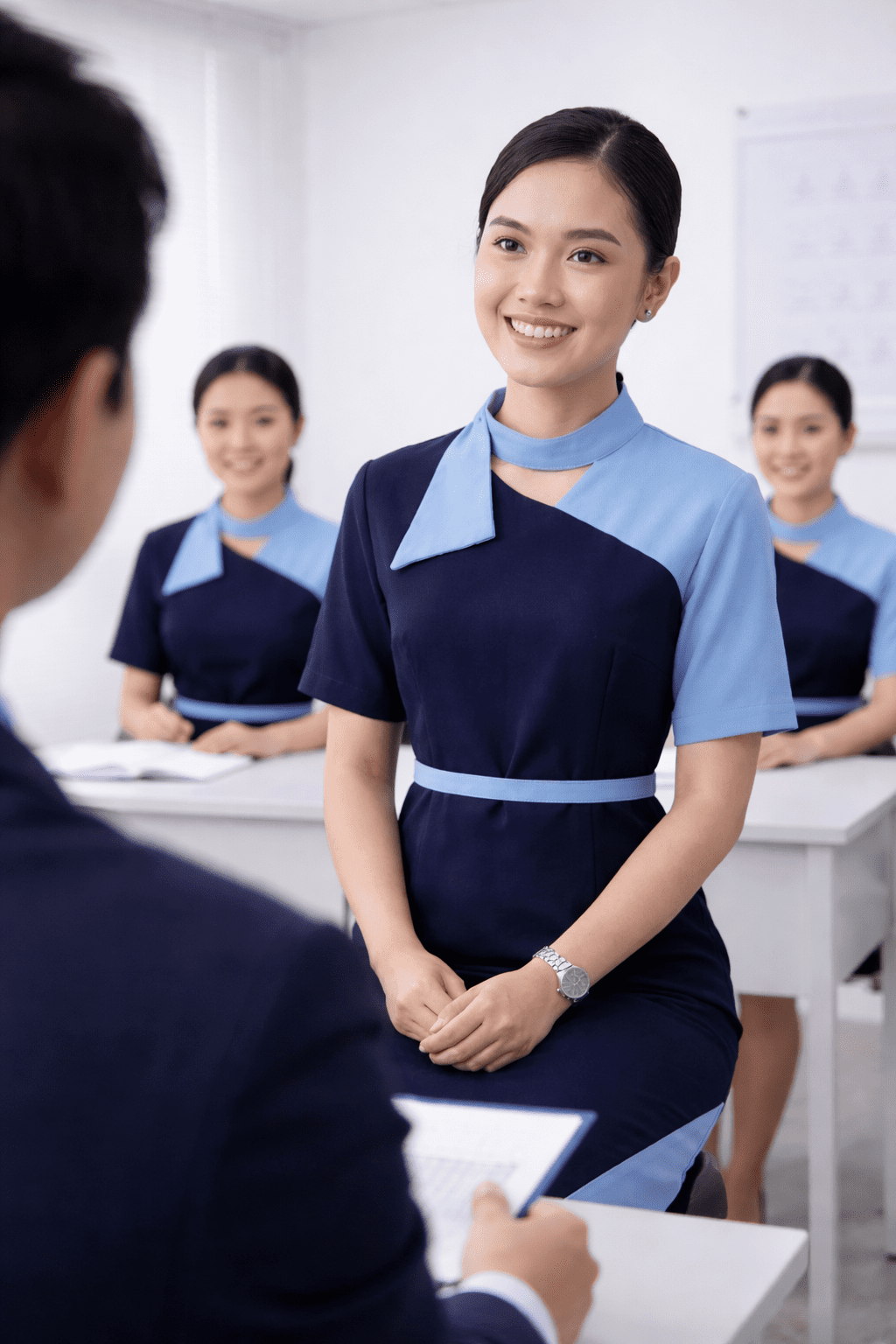 pramugari sedang menunjukkan Cara Cepat Lolos Seleksi Cabin Crew Tanpa Pengalaman, Ini Strateginya