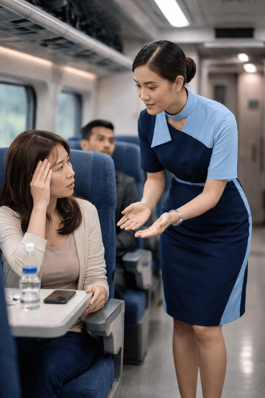 pramugari sedang menunjukkan Skill Wajib Pramugari Kereta yang Bikin Kamu Mudah Diterima Kerja