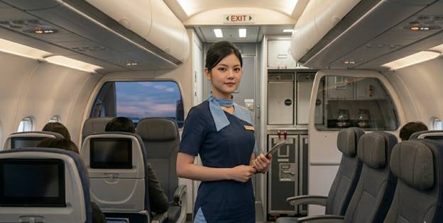 Foto realistis seorang pramugari muda Indonesia dengan ekspresi tenang dan profesional berdiri di koridor pesawat modern, mengenakan seragam biru navy dan biru muda, memegang tablet digital dengan latar belakang interior kabin yang bersih.