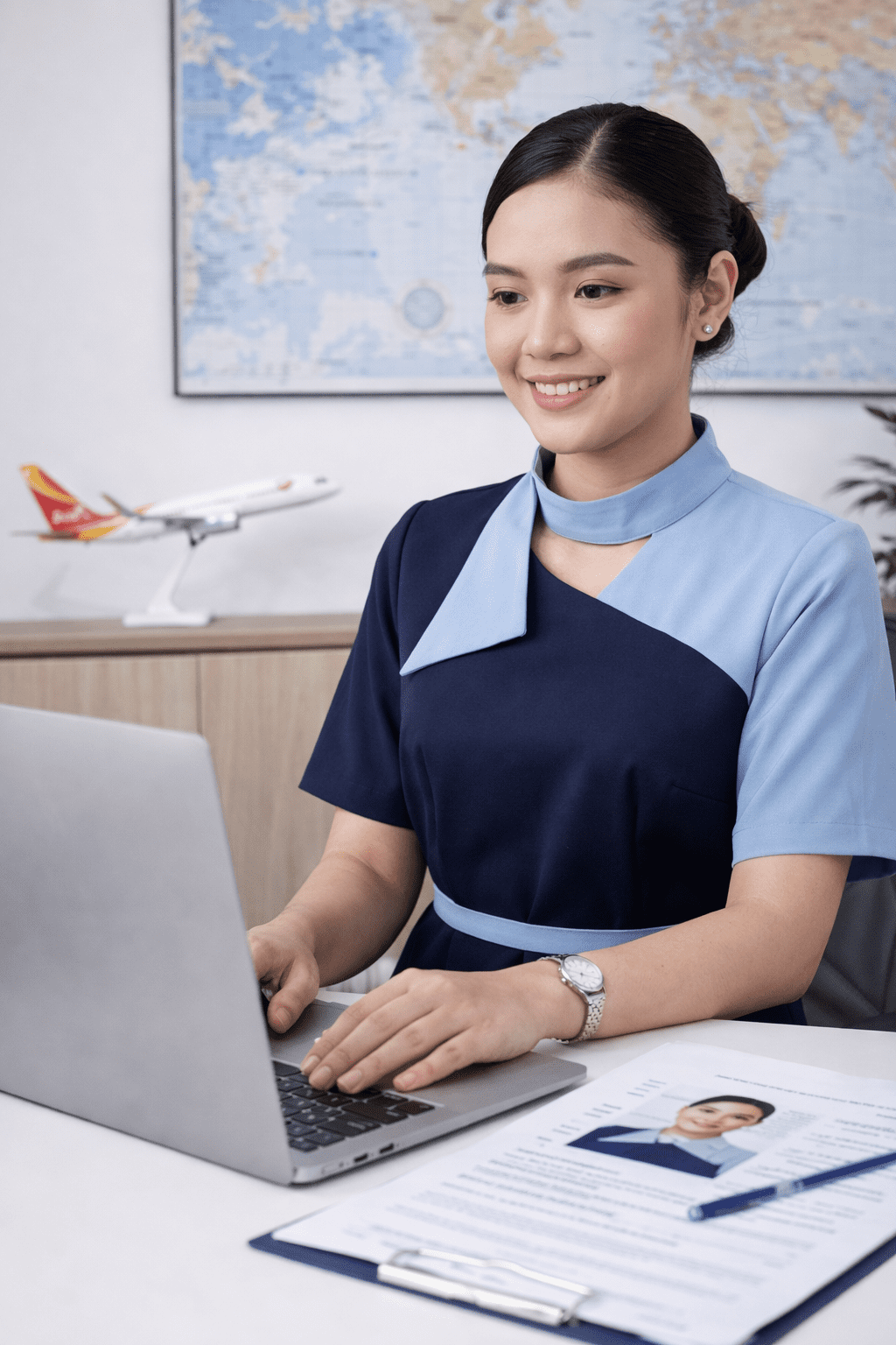 pramugari sedang menunjukkan Tips Menghadapi HRD Saat Interview Pramugari