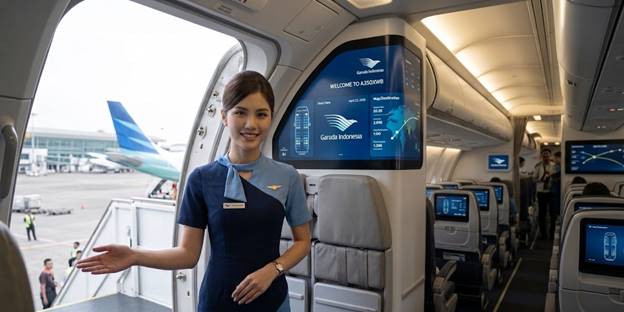 Pramugari Indonesia berseragam biru navy dan biru muda berdiri ramah di pintu pesawat modern yang dilengkapi panel digital canggih.