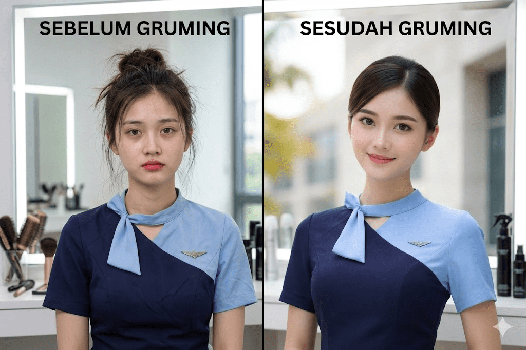 Seorang siswa pramugari berdiri di depan cermin dengan setengah tampilan sebelum dan sesudah grooming