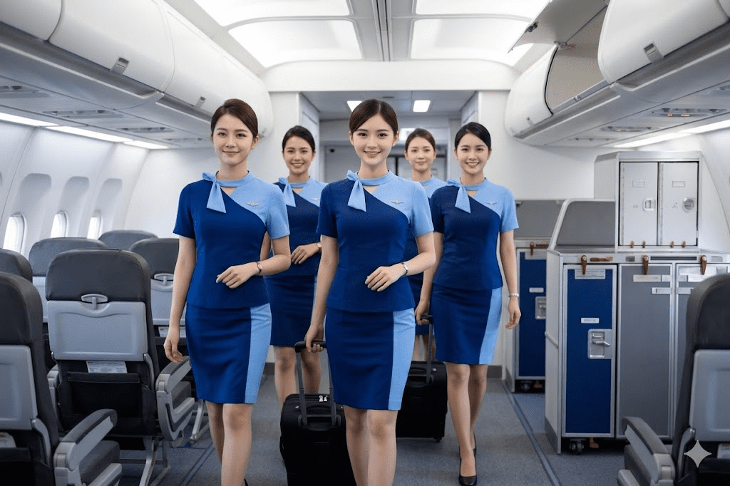 Sekelompok siswa pramugari dengan seragam rapi sedang berjalan percaya diri di koridor kampus atau mockup cabin pesawat.