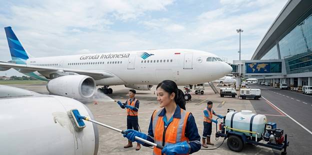 Gambar ini menggambarkan petugas kebersihan sedang melakukan prosedur pembersihan pesawat ketika pesawat turnaround