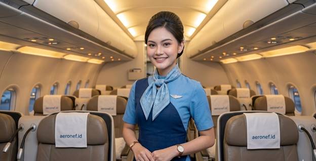 Foto realistis pramugari Indonesia usia muda mengenakan seragam dwiwarna navy dan biru muda, berdiri tegak dengan percaya diri di koridor kabin pesawat yang elegan. Fokus pada detail scarf leher berwarna biru muda yang diikat rapi menyamping, menciptakan tampilan yang simetris dan profesional.