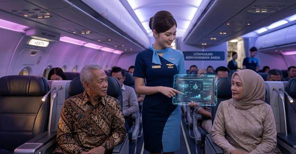 Pramugari Indonesia menggunakan teknologi AI di kabin pesawat modern.